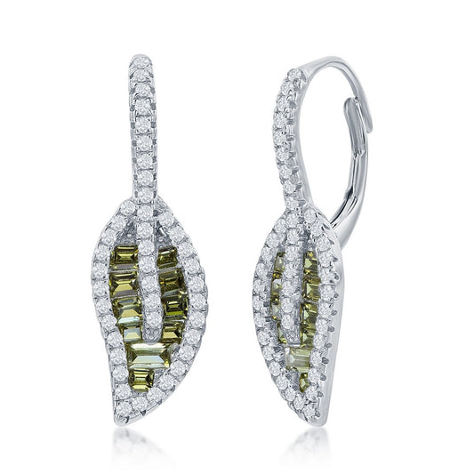 Sterling Silver Round & Baguette CZ Leaf Earrings - Peridot CZ