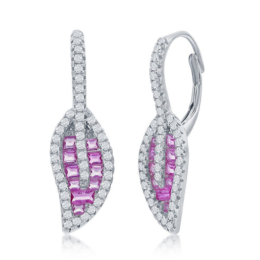 Sterling Silver Round & Baguette CZ Leaf Earrings - Light Ruby CZ