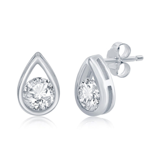 Sterling Silver Pearshaped Earrings W/Round 'April Birthstone' Gemstone Studs - White Topaz