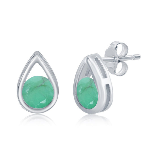 Sterling Silver Pearshaped Earrings W/Round 'May Birthstone' Gemstone Studs - Emerald