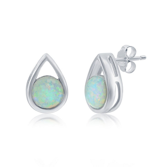 Sterling Silver Pearshaped Earrings W/Round 'October Birthstone' Gemstone Studs - Opal