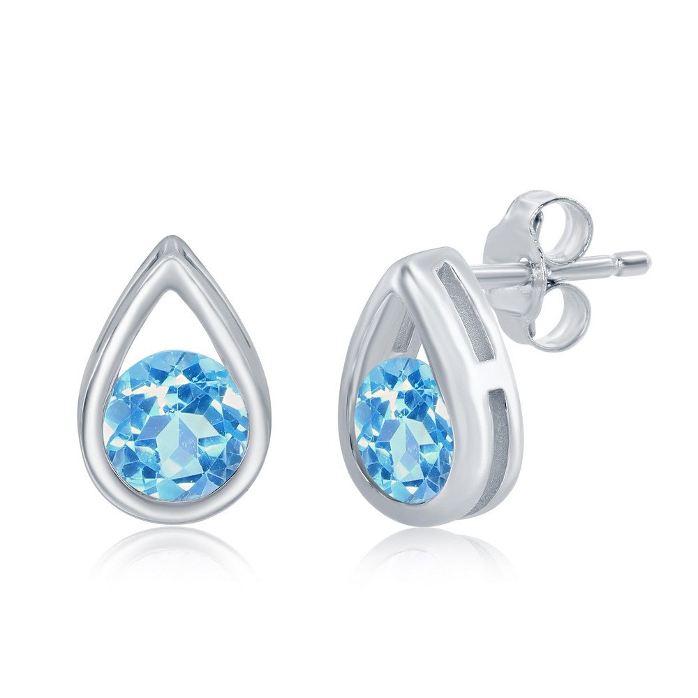Sterling Silver Pearshaped Earrings W/Round 'December Birthstone' Gemstone Studs - Swiss Blue Topaz