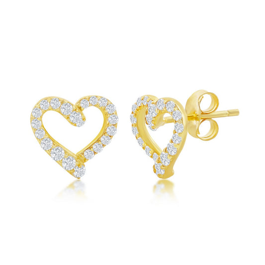 Sterling Silver CZ Open Heart Stud Earrings - Gold Plated