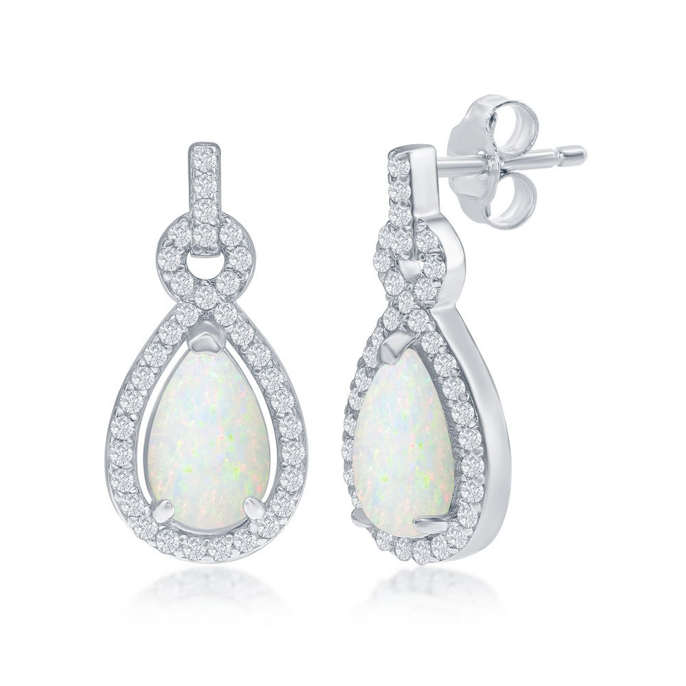 Sterling Silver White Opal Pearshaped with CZ Border Earrings