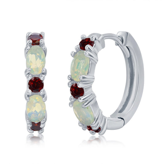 Sterling Silver White Opal & Garnet 18mm Hoop Earrings