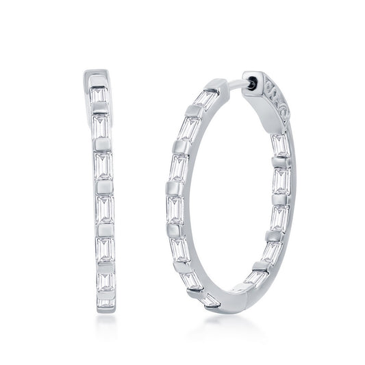 Sterling Silver Baguette CZ 25mm Hoop Earrings - White CZ