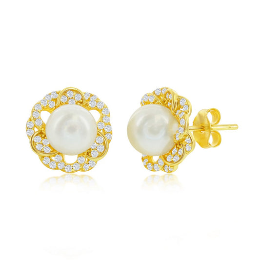 Sterling Silver CZ Flower w/ 7mm Round FWP Stud Earrings - Gold Plated