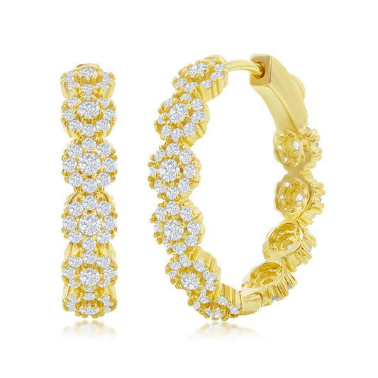 Sterling Silver 25mm CZ Flower Design Hoop Earrings - Gold Plated