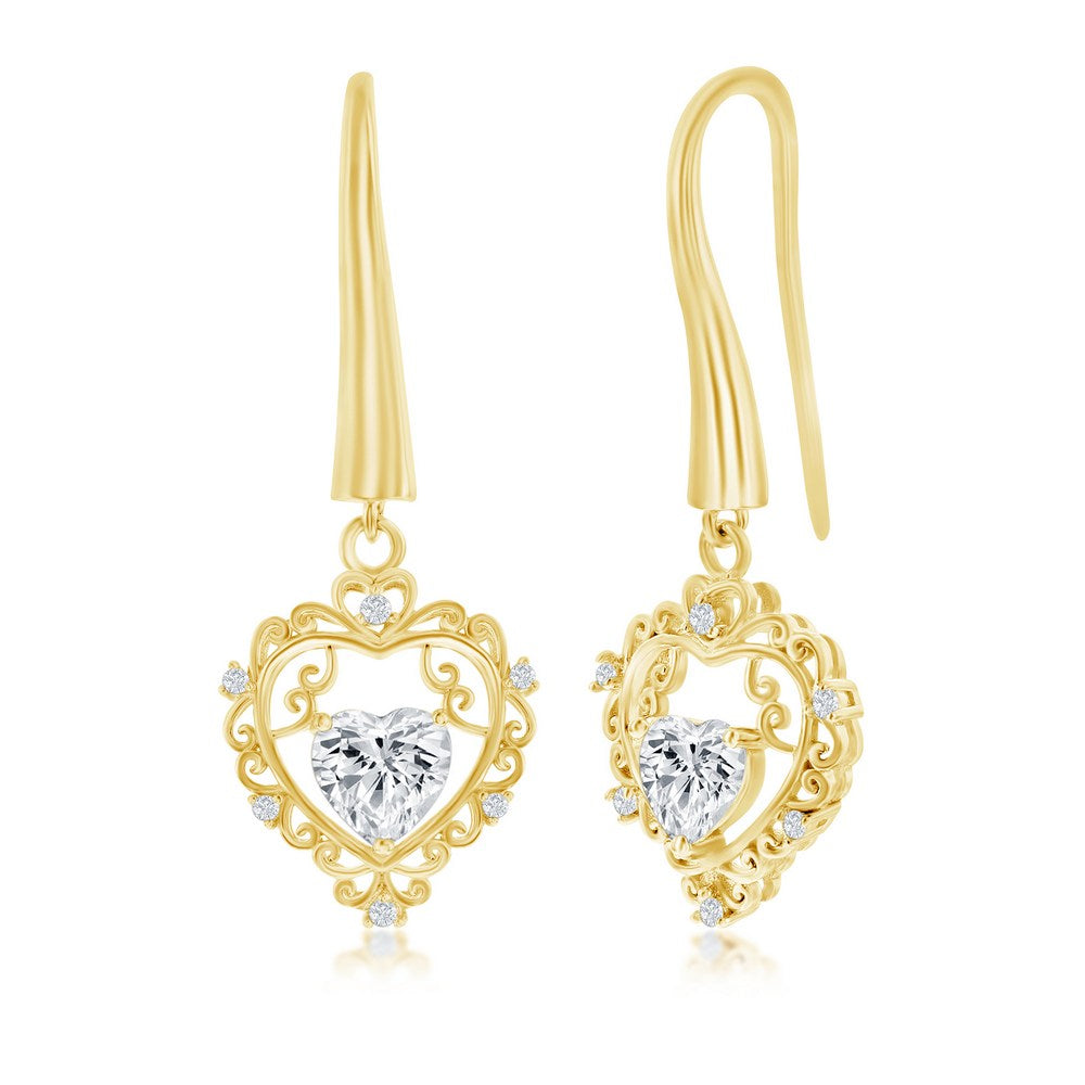 Sterling Silver Heart CZ Dangle Earrings - Gold Plated