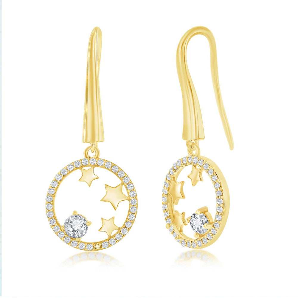 Sterling Silver Stars CZ Circle Dangle Earrings - Gold Plated