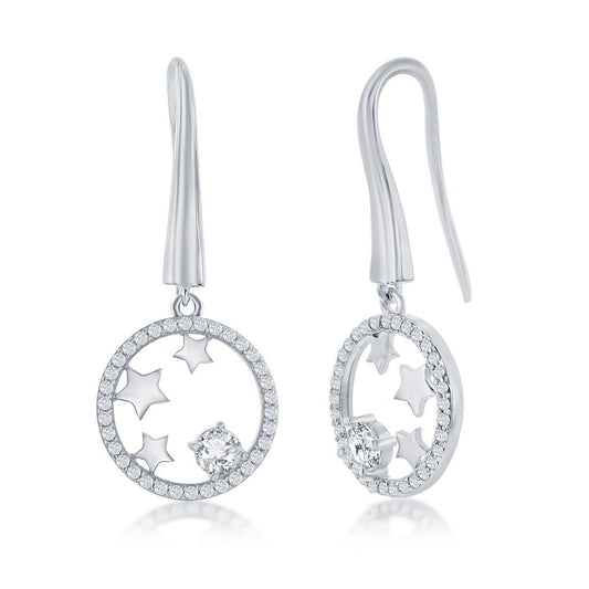 Sterling Silver Stars CZ Circle Dangle Earrings