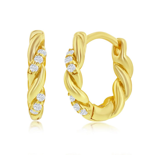 Sterling Silver Intertwined CZ 13mm Huggie Hoop Earrings - Gold Plated