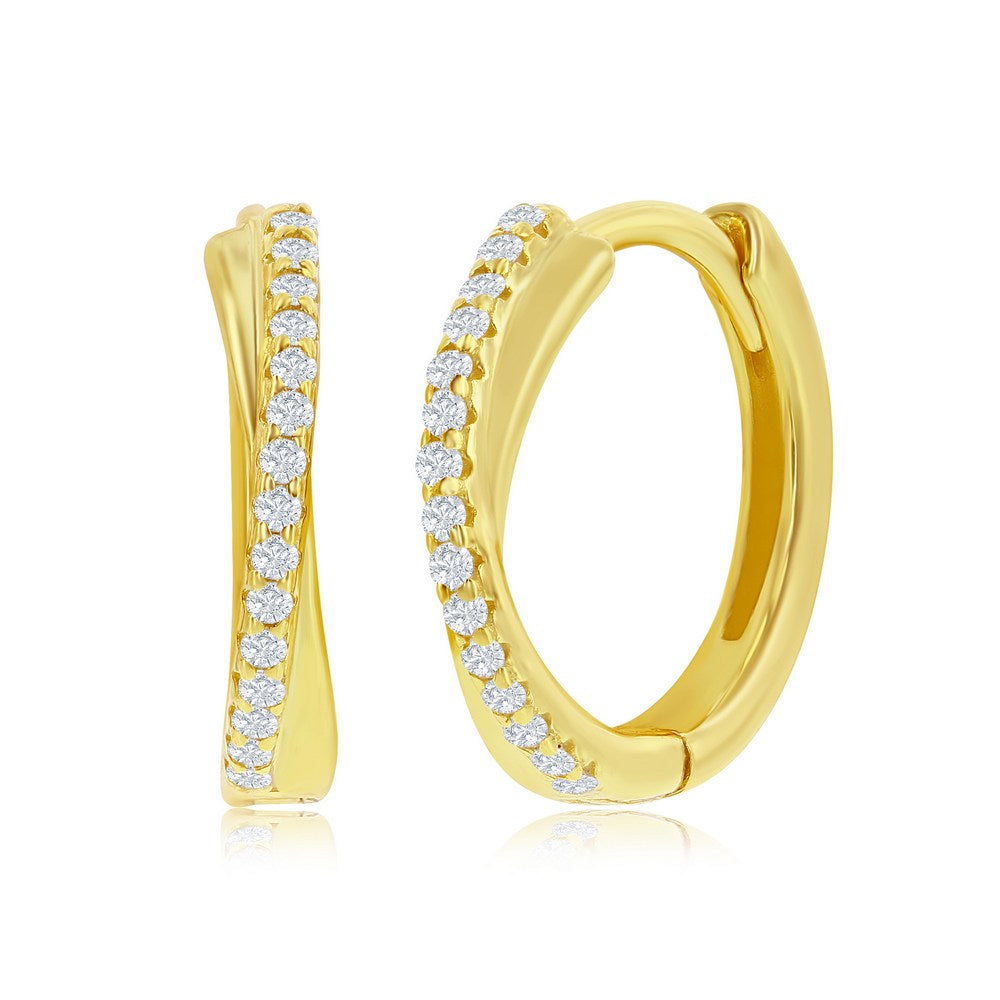 Sterling Silver 'X' Deisgn CZ 15mm Huggie Hoop Earrings - Gold Plated