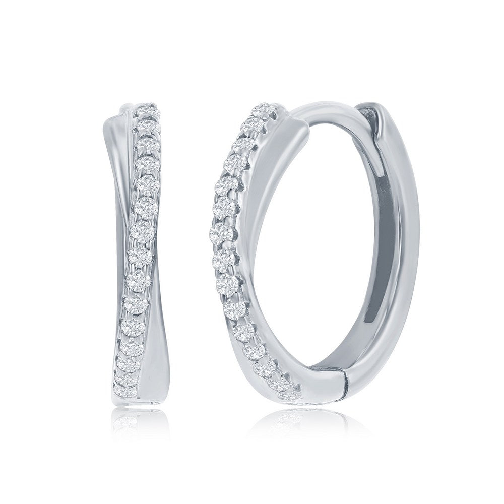 Sterling Silver 'X' Deisgn CZ 15mm Huggie Hoop Earrings