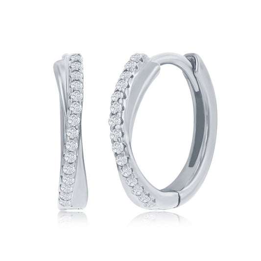 Sterling Silver 'X' Deisgn CZ 15mm Huggie Hoop Earrings