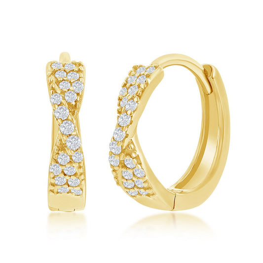 Sterling Silver Twisted CZ 14mm Huggie Hoop Earrings - Gold Plated