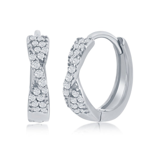 Sterling Silver Twisted CZ 14mm Huggie Hoop Earrings