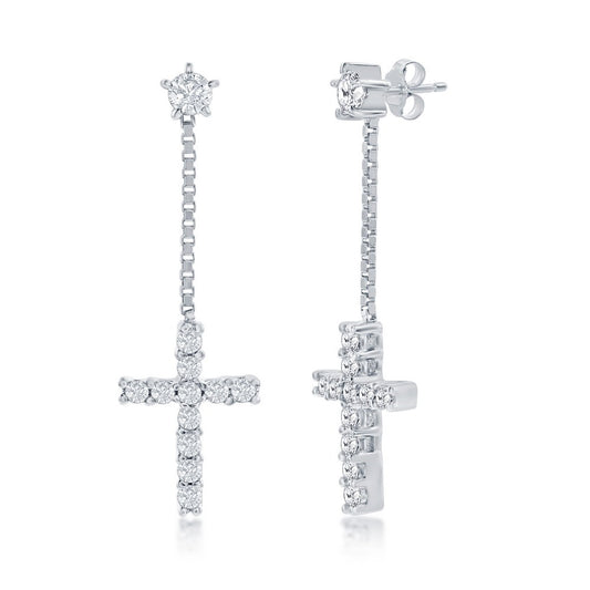 Sterling Silver CZ Cross Dangle Earrings