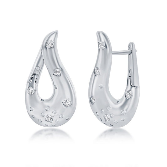 Sterling Silver Scattered CZ Curved Dangle Earrings