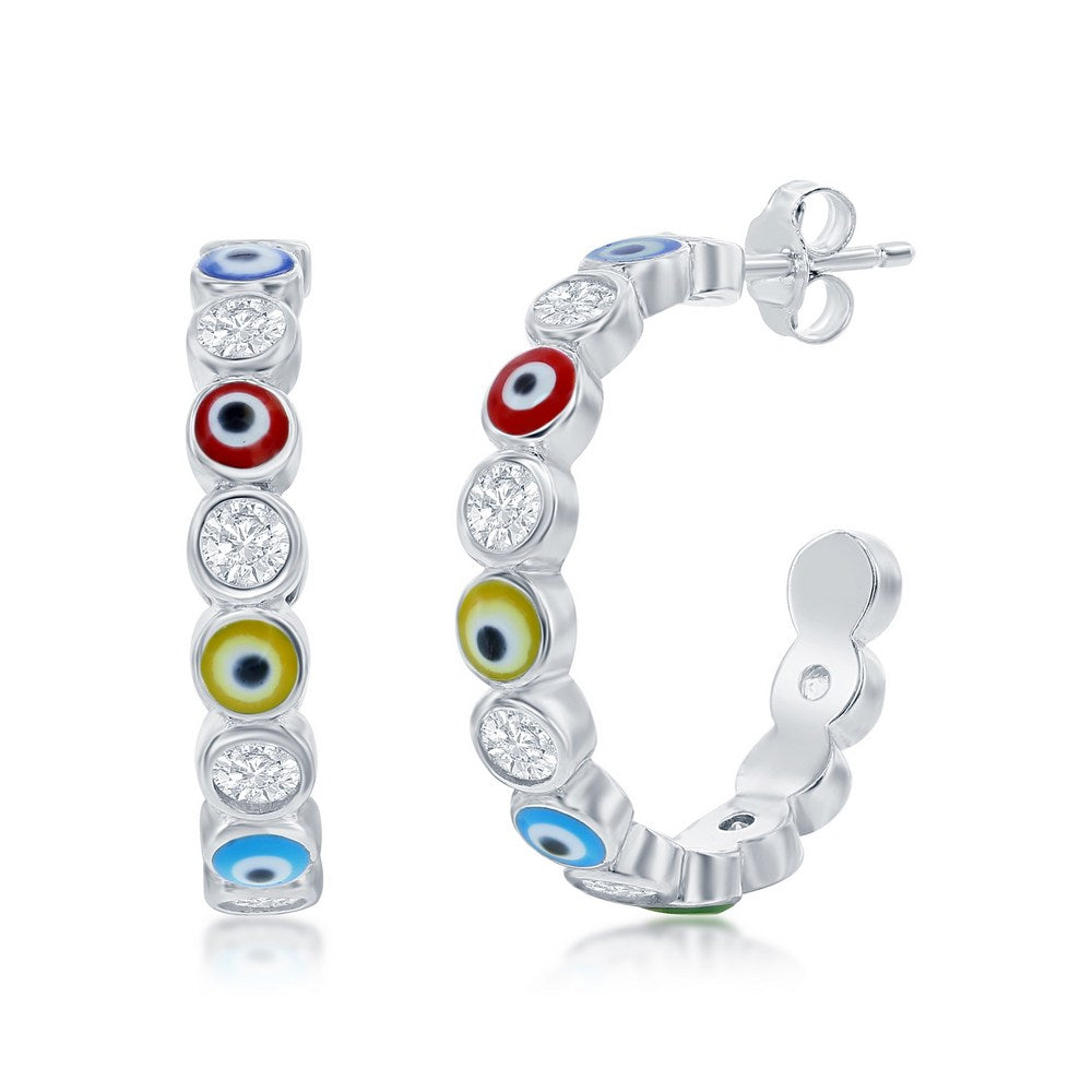 Sterling Silver Alternating CZ & Multi-Color Enamel Evil Eye 20mm Hoop Earrings