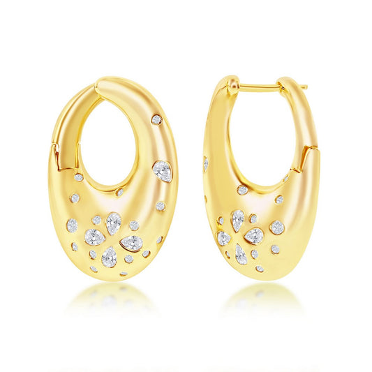 Stering Silver Scattered CZ Puffed Oval Earrings - Gold Plated