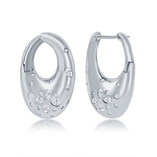 Stering Silver Scattered CZ Puffed Oval Earrings