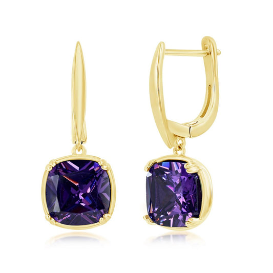 Sterling Silver Cushion-Cut Amethyst CZ Dangling Earrings - Gold Plated