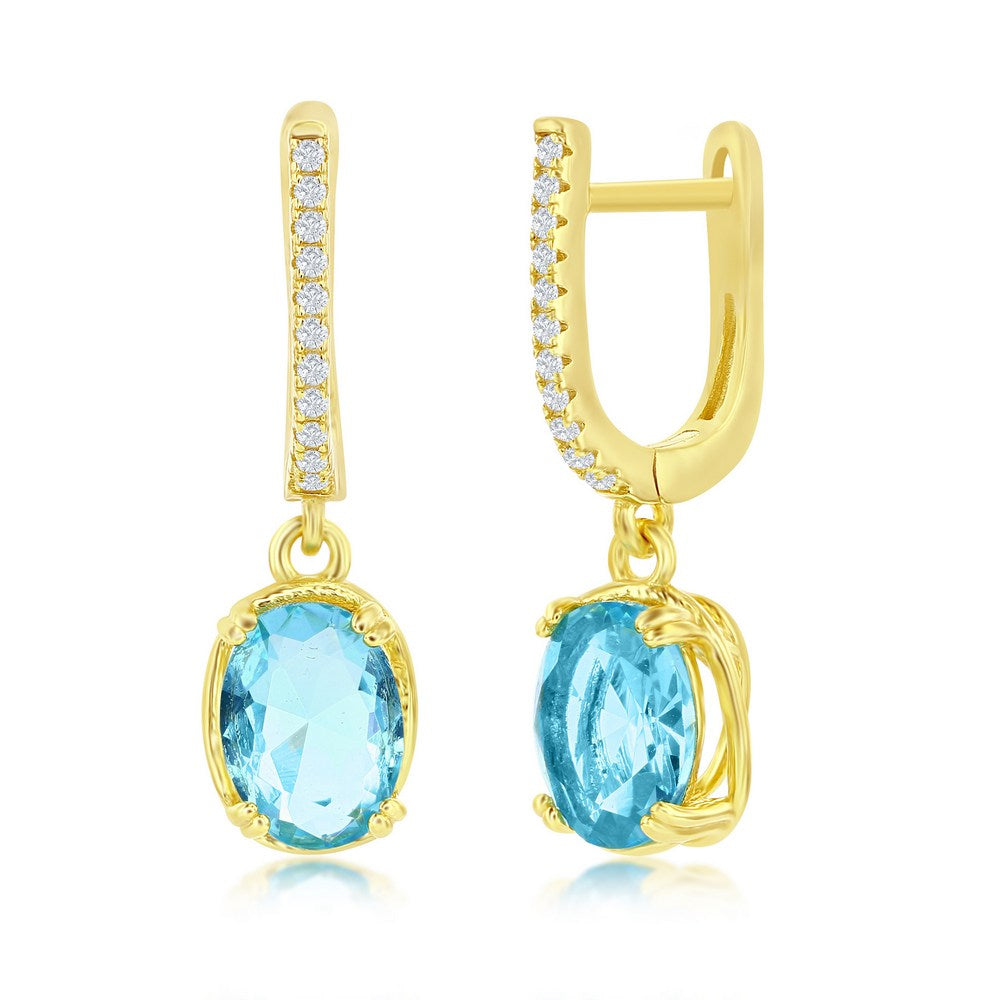 Sterling Silver Oval Aqua CZ Dangling Earrings - Gold Plated