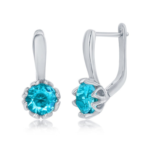 Sterling Silver Round Aqua CZ Dangling Earrings