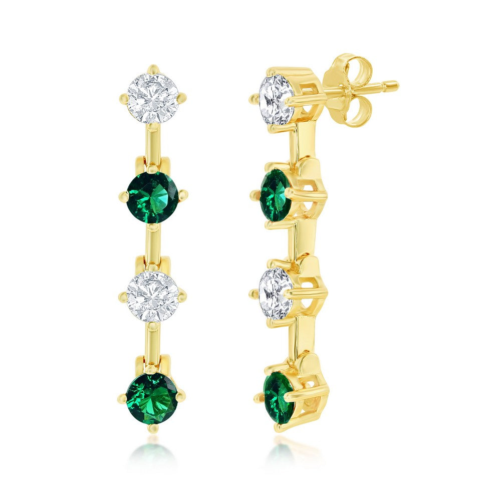 Sterling Silver Round White & Emerald CZ Long Earrings - Gold Plated