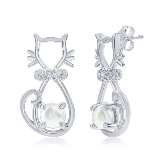 Sterling Silver Pearl & CZ Cat Earrings
