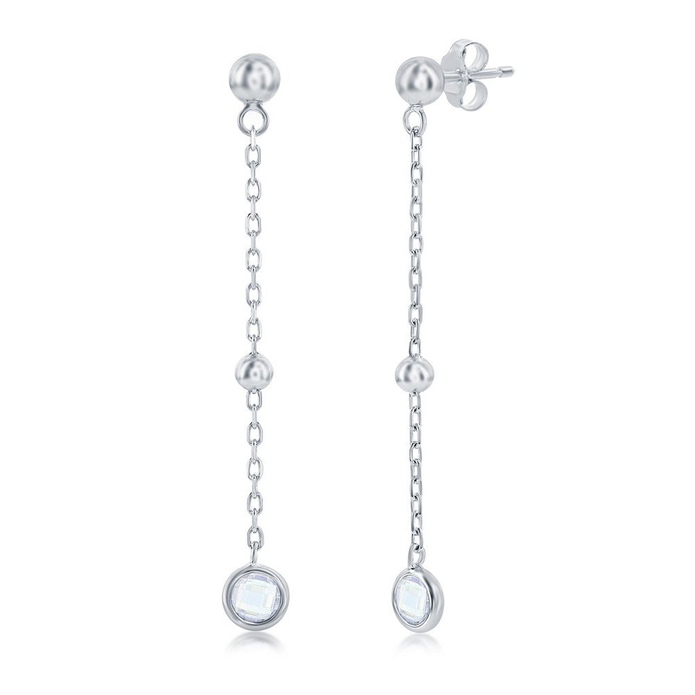 Sterling Silver Bezel-Set CZ & Bead Chain Earrings - White