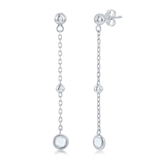 Sterling Silver Bezel-Set CZ & Bead Chain Earrings - White