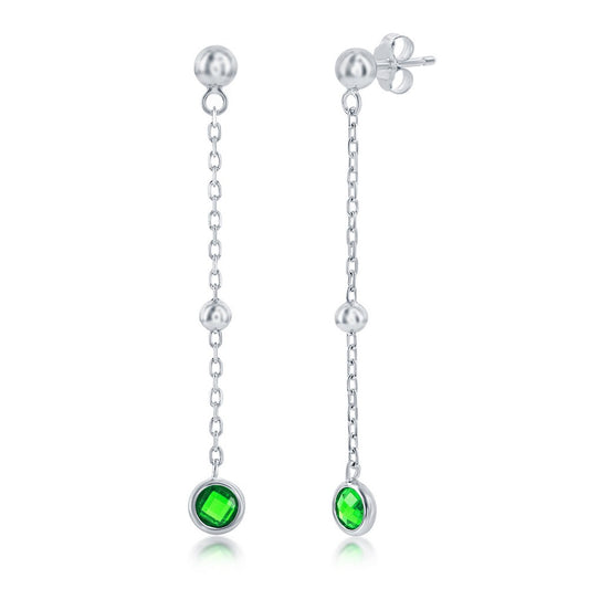 Sterling Silver Bezel-Set CZ & Bead Chain Earrings - Emerald