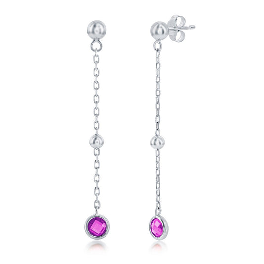 Sterling Silver Bezel-Set CZ & Bead Chain Earrings - Ruby