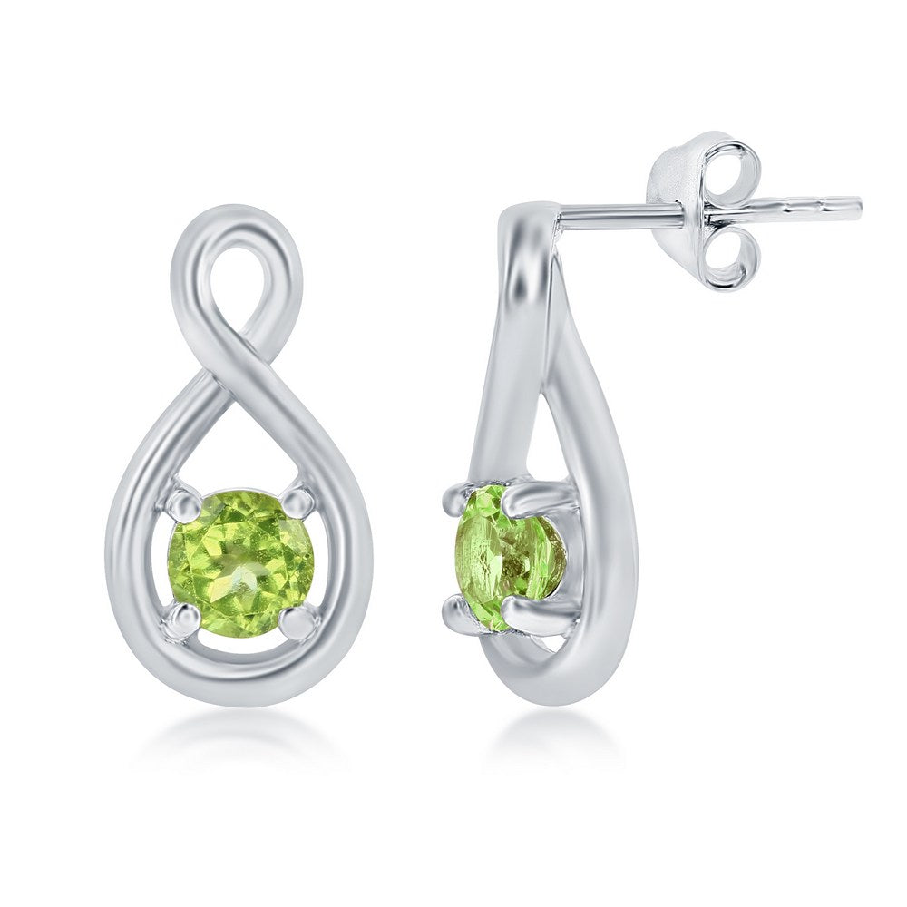 Sterling Silver 4mm Round Gem Infinity Design Earrings - Peridot