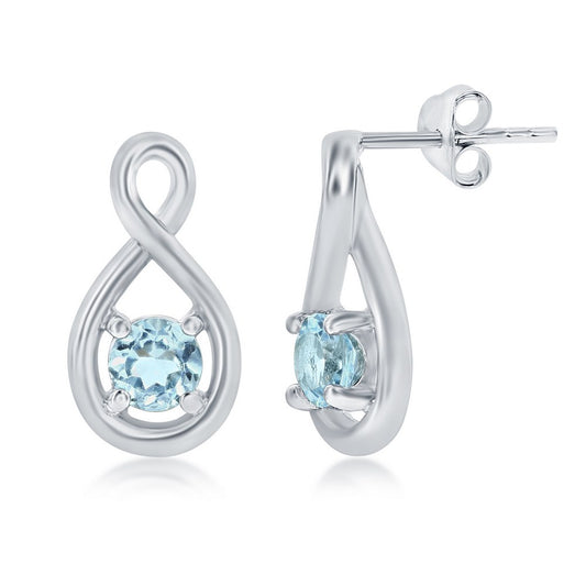 Sterling Silver 4mm Round Gem Infinity Design Earrings -  Blue Topaz