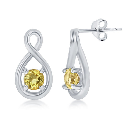 Sterling Silver 4mm Round Gem Infinity Design Earrings - Citrine