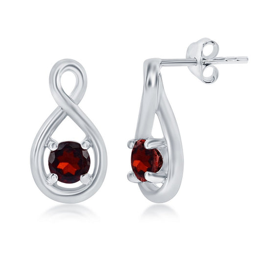 Sterling Silver 4mm Round Gem Infinity Design Earrings - Garnet