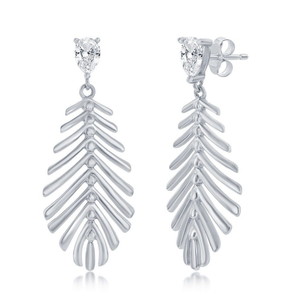 Sterling Silver Cut-Out Leaf w/ Small Pear-shaped CZ Dangle Earrings