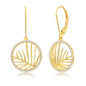 Sterling Silver Round CZ Outline w/ Center Cut-Out Leaf Dangle Earrings - Gold Plated