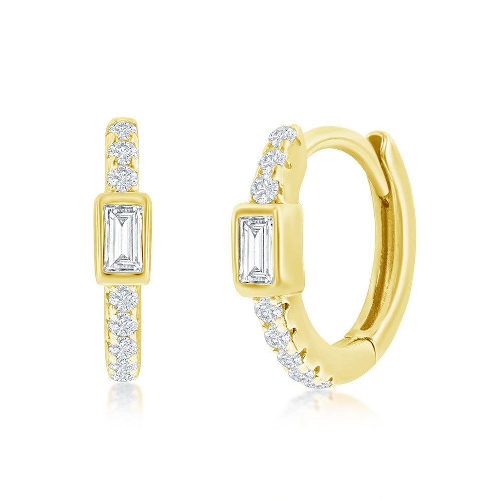 Sterling Silver 11MM Center Rectangle CZ Huggie Hoop Earrings - Gold Plated