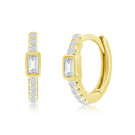 Sterling Silver 11MM Center Rectangle CZ Huggie Hoop Earrings - Gold Plated