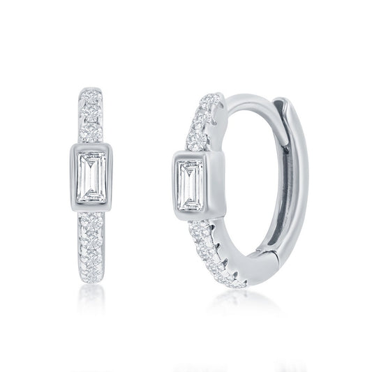 Sterling Silver 11MM Center Rectangle CZ Huggie Hoop Earrings