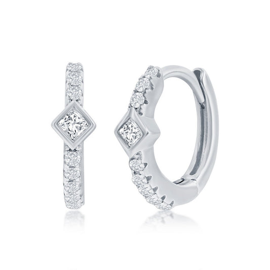 Sterling Silver 11MM Center Diamond-Shape CZ Huggie Hoop Earrings