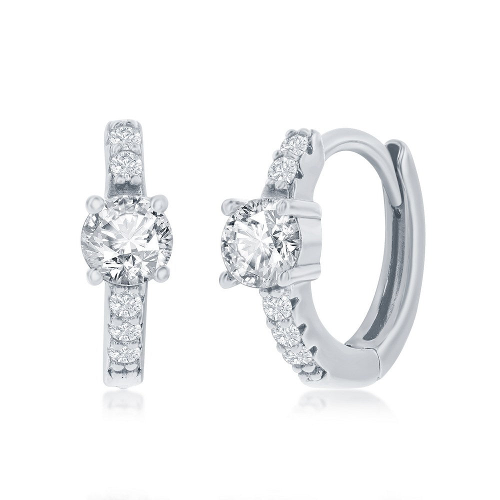 Sterling Silver 11MM Center Round CZ Huggie Hoop Earrings