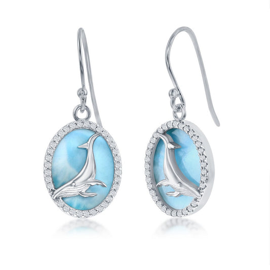 Sterling Silver Larimar w/ Center Whale and CZ Outline Oval Earrings