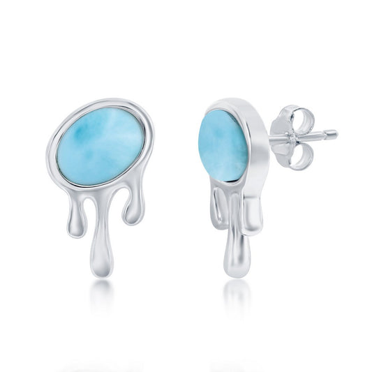 Sterling Silver Oval Larimar, Dripping Design Stud Earrings