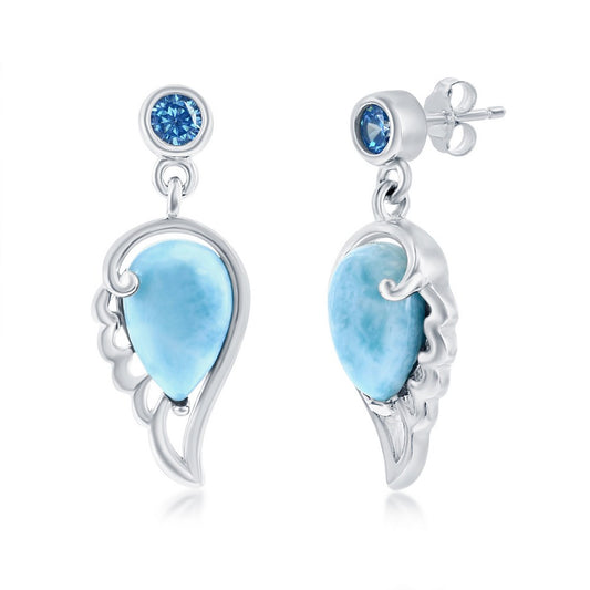 Sterling Silver Larimar Angel Wing & Aqua CZ Earrings