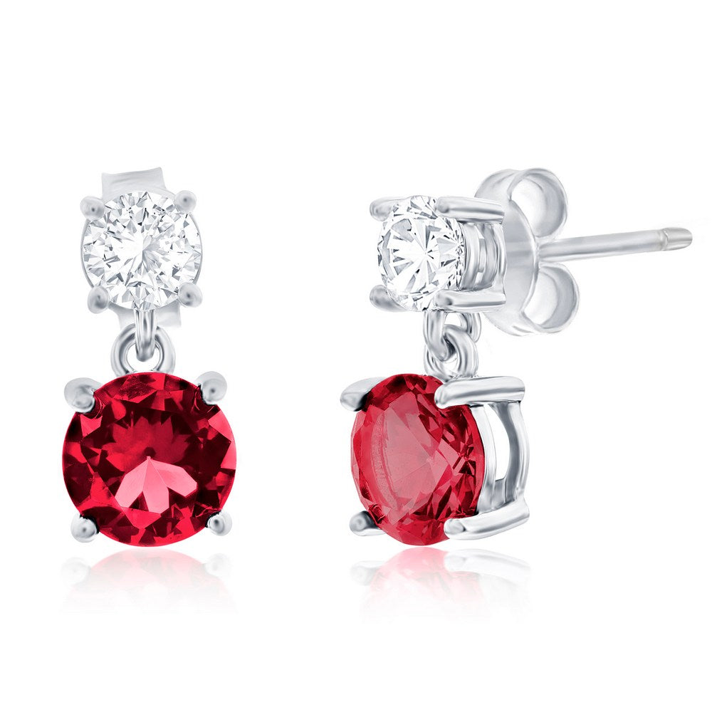 Sterling Silver Double Round CZ Dangle Earrings - Ruby